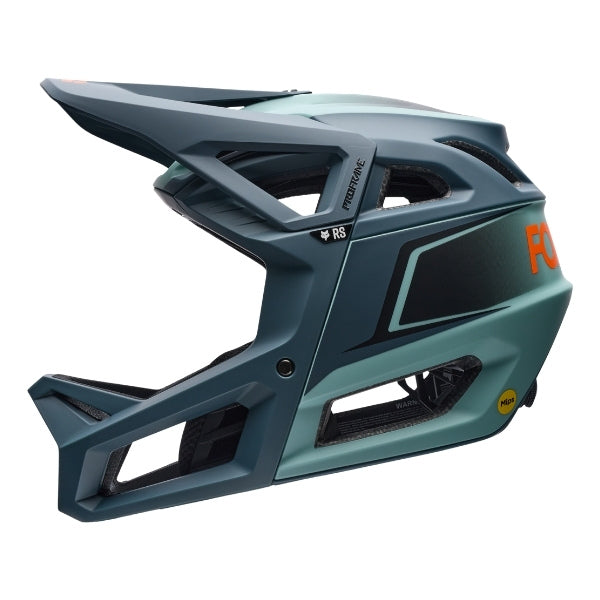 Fox Racing Proframe RS Heatstack Helmet (MTB) in Arctic Blue, left-side profile, with the extended visor, open face port, angular chin bar, side vents, and Fox graphics. Available options—Color: Dark Yellow, Arctic Blue; Size: SM, MD, LG.