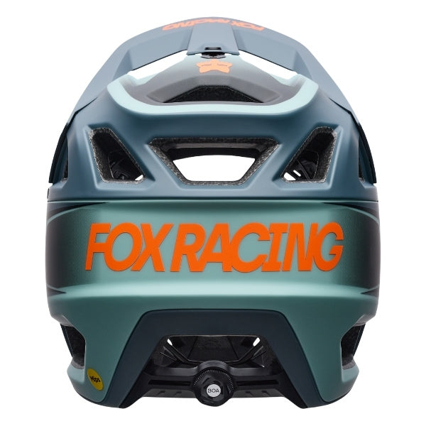 Fox Racing Proframe RS Heatstack Helmet (MTB) in Arctic Blue, right-side profile, with the extended visor, open face port, angular chin bar, side vents, and Fox graphics. Available options—Color: Dark Yellow, Arctic Blue; Size: SM, MD, LG.