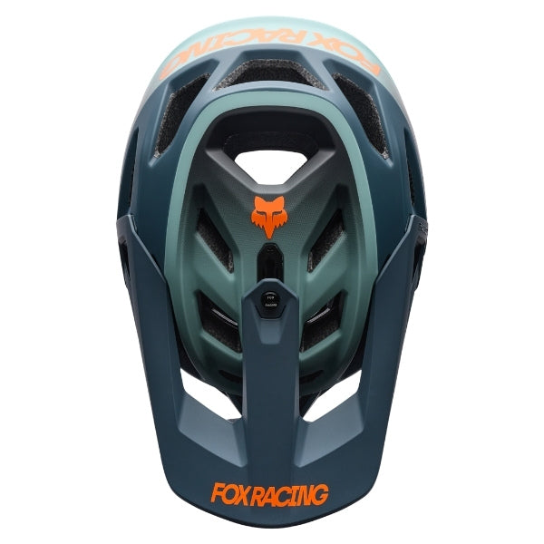 Fox Racing Proframe RS Heatstack Helmet (MTB) in Arctic Blue, front view, with the visor, wide goggle opening, vented chin bar, and brow vents centered in the frame. Available options—Color: Dark Yellow, Arctic Blue; Size: SM, MD, LG.