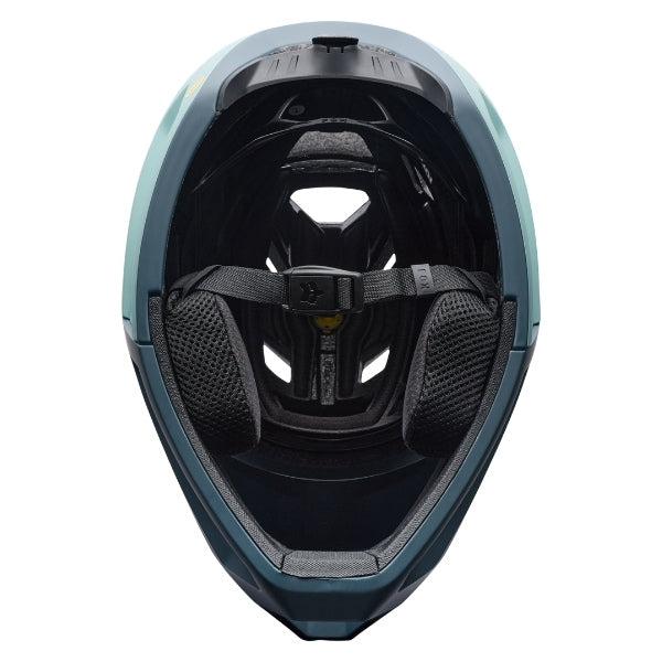 Fox Racing Proframe RS Heatstack Helmet (MTB) in Arctic Blue, rear view, with the rear shell vents, lower neck opening, molded shell ribs, and Fox lettering. Available options—Color: Dark Yellow, Arctic Blue; Size: SM, MD, LG. - alternate view