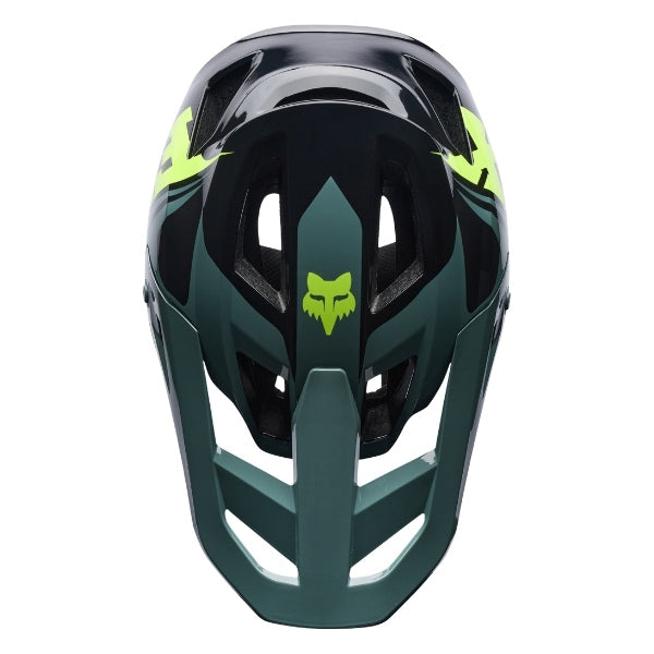 Fox Racing Rampage Foundry Helmet (MTB) in Sage, top view, with the visor tip, crown vents, shell graphics, and central Fox logo. Available options—Color: Midnight, Sage; Size: XS, SM, MD, LG, XL, 2X. SKU 40158-221-XL. UPC 198571120637.