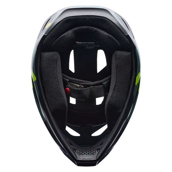 Fox Racing Rampage Foundry Helmet (MTB) (Youth) in Sage, underside view of the interior padding and chin opening, with the padded crown liner, cheek pads, chin opening, and retention-strap area exposed. Available options—Color: Sage; Size: Y-SM, YMD, Y-LG.
