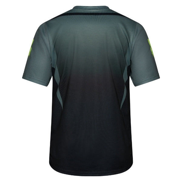 Fox Racing Ranger Foundry Jersey (MTB) in Sage, modeled front three-quarter view, with the crew neck, long sleeves, contrasting shoulder and arm graphics, and extended rear hem on a rider. Available options—Color: Midnight, Sage; Size: SM, MD, LG, XL, 2X. SKU 40164-221-L. UPC 198571120224.