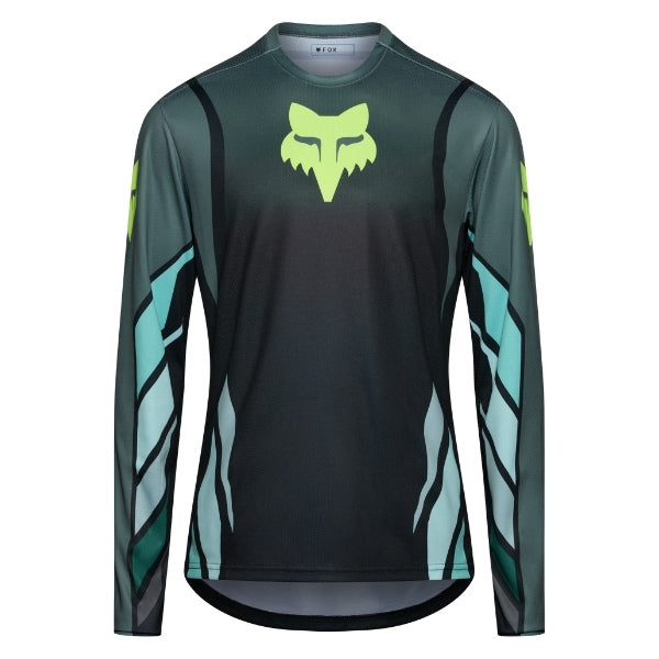 Fox Racing Ranger Foundry Long Sleeve Jersey (MTB) in Sage, rear product view, with the back graphic, shoulder panels, long sleeves, and drop-tail hem. Available options—Color: Midnight, Sage; Size: SM, MD, LG, XL, 2X. SKU 40166-221-M. UPC 198571120309.