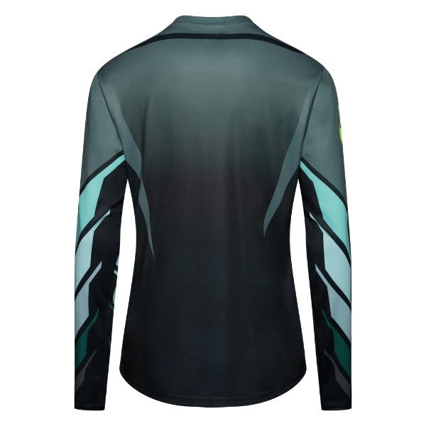 Fox Racing Ranger Foundry Long Sleeve Jersey (MTB) in Sage, modeled front three-quarter view, with the crew neck, long sleeves, contrasting shoulder and arm graphics, and extended rear hem on a rider. Available options—Color: Midnight, Sage; Size: SM, MD, LG, XL, 2X. SKU 40166-221-L. UPC 198571120316.