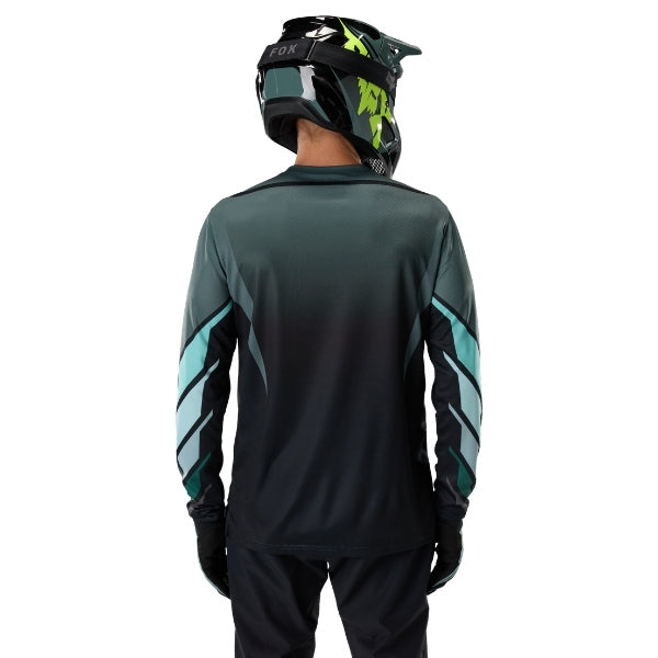 Fox Racing Ranger Foundry Long Sleeve Jersey (MTB) in Sage, full modeled front view, with the crew neck, long sleeves, contrasting shoulder and arm graphics, and extended rear hem on a rider. Available options—Color: Midnight, Sage; Size: SM, MD, LG, XL, 2X. - alternate view