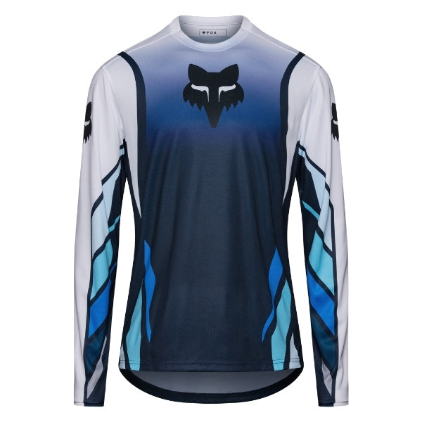Fox Racing Ranger Foundry Long Sleeve Jersey (MTB) in Midnight, front product view, with the crew neck, long sleeves, large Fox chest graphic, contrasting arm panels, and curved drop-tail hem. Available options—Color: Midnight, Sage; Size: SM, MD, LG, XL, 2X. SKU 40166-329-S. UPC 198571116838.