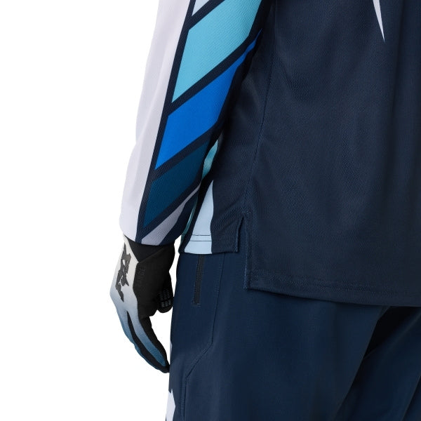 Fox Racing Ranger Foundry Long Sleeve Jersey (MTB) in Midnight, close-up of the chest and shoulder panels, with the printed Fox artwork, mesh-knit texture, reinforced seam lines, and shaped cuff or hem. Available options—Color: Midnight, Sage; Size: SM, MD, LG, XL, 2X. SKU 40166-329-XL. UPC 198571116869.