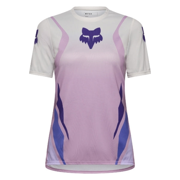 Fox Racing Ranger Foundry Jersey (MTB) (Womens) in Lavender Drift, front product view, with the crew neck, long sleeves, large Fox chest graphic, contrasting arm panels, and curved drop-tail hem. Available options—Color: Lavender Drift; Size: XS, SM, MD, LG, XL. SKU 40168-F07-XS. UPC 198571115398.