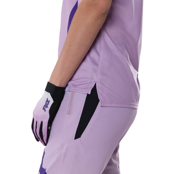 Fox Racing Ranger Foundry Jersey (MTB) (Womens) in Lavender Drift, close-up of the chest and shoulder panels, with the printed Fox artwork, mesh-knit texture, reinforced seam lines, and shaped cuff or hem. Available options—Color: Lavender Drift; Size: XS, SM, MD, LG, XL. SKU 40168-F07-L. UPC 198571115428.