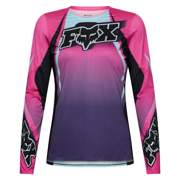 Fox Racing Flexair SE TS57 Long Sleeve Jersey (MTB) (Womens) in Pink, front product view, with the crew neck, long sleeves, large Fox chest graphic, contrasting arm panels, and curved drop-tail hem. Available options—Color: Pink; Size: XS, SM, MD, LG, XL. SKU 40169-170-XS. UPC 198571134986.