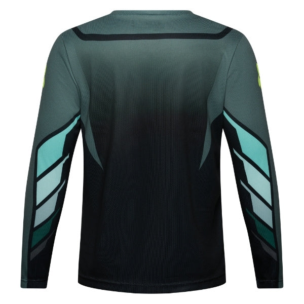 Fox Racing Ranger Foundry Long Sleeve Jersey (MTB) (Youth) in Sage, rear product view, with the back graphic, shoulder panels, long sleeves, and drop-tail hem. Available options—Color: Sage; Size: Y-SM, YMD, Y-LG, Y-XL. SKU 40171-221-YM. UPC 198571120354.