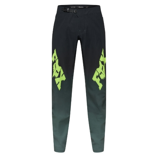 Fox Racing Ranger Foundry Pants (MTB) in Sage, front product view, with the adjustable waist, articulated knees, contrasting leg graphics, reinforced inner knees, and tapered cuffs. Available options—Color: Midnight, Sage; Size: 28, 30, 32, 34, 36, 38, 40. SKU 40174-221-28. UPC 198571120385.