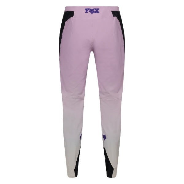 Fox Racing Ranger Foundry Pants (MTB) (Womens) in Lavender Drift, rear product view, with the reinforced seat, rear yoke, articulated knees, tapered legs, and lower-leg graphics. Available options—Color: Lavender Drift; Size: 2, 4, 6, 8, 10, 12, 14, 16. SKU 40212-F07-4. UPC 198571115503.
