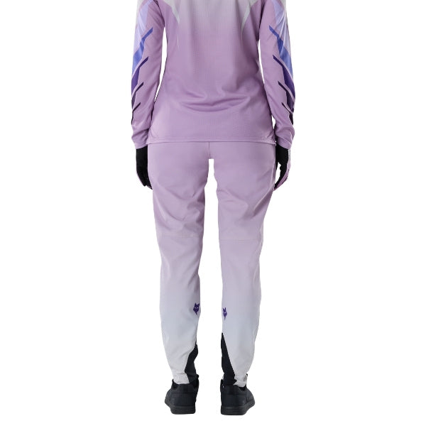 Fox Racing Ranger Foundry Pants (MTB) (Womens) in Lavender Drift, rear lower-leg and cuff view, with the reinforced seat, rear yoke, articulated knees, tapered legs, and lower-leg graphics. Available options—Color: Lavender Drift; Size: 2, 4, 6, 8, 10, 12, 14, 16. SKU 40212-F07-12. UPC 198571115541.