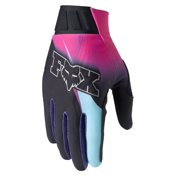 Fox Racing Flexair SE TS57 Gloves (MTB) (Womens) in Pink, back-of-hand view, with the Fox hand graphic, flexible finger panels, shaped knuckles, and stretch cuff. Available options—Color: Pink; Size: XS, SM, MD, LG, XL, 2X. SKU 40259-170-XS. UPC 198571134337.