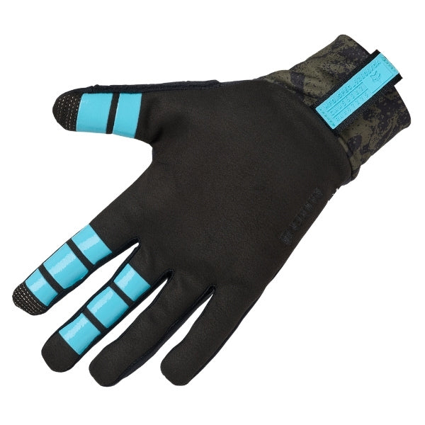 Fox Racing Ranger Fire SE Lunar Gloves (MTB) (Womens) in Black, palm-side view, with the perforated palm, silicone finger grips, curved fingertips, and slip-on cuff. Available options—Color: Black; Size: SM, MD, LG. SKU 40268-001-M. UPC 198571108383.