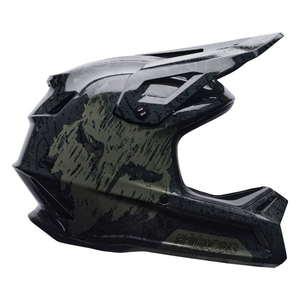 Fox Racing Rampage RS Abyss Helmet (MTB) in Black, right-side profile, with the extended visor, open face port, angular chin bar, side vents, and Fox graphics. Available options—Color: Black; Size: XS, SM, MD, LG, XL, 2X. SKU 41015-001-S. UPC 198571106716.