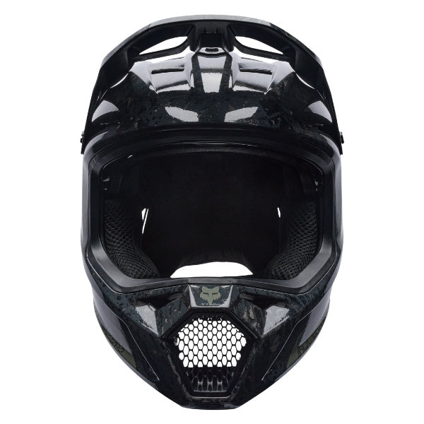 Fox Racing Rampage RS Abyss Helmet (MTB) in Black, front view, with the visor, wide goggle opening, vented chin bar, and brow vents centered in the frame. Available options—Color: Black; Size: XS, SM, MD, LG, XL, 2X. SKU 41015-001-M. UPC 198571106723.