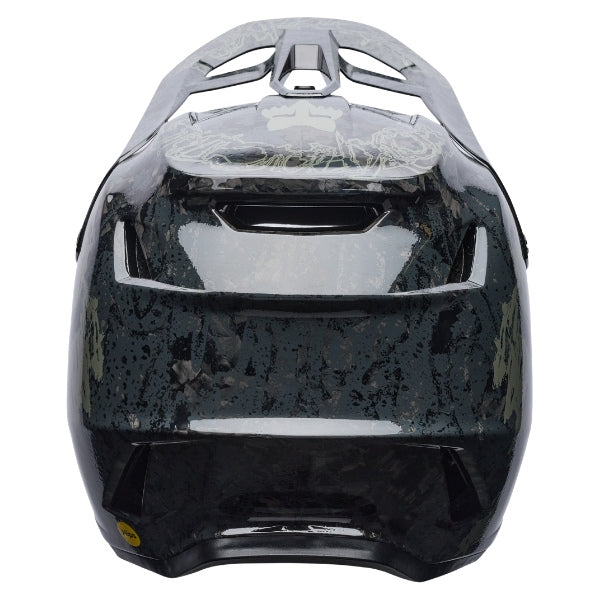 Fox Racing Rampage RS Abyss Helmet (MTB) in Black, rear view, with the rear shell vents, lower neck opening, molded shell ribs, and Fox lettering. Available options—Color: Black; Size: XS, SM, MD, LG, XL, 2X. SKU 41015-001-L. UPC 198571106730.