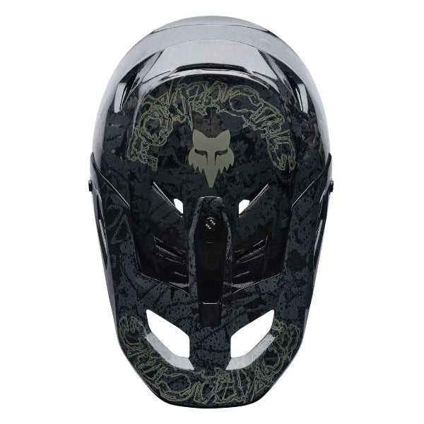 Fox Racing Rampage RS Abyss Helmet (MTB) in Black, top view, with the visor tip, crown vents, shell graphics, and central Fox logo. Available options—Color: Black; Size: XS, SM, MD, LG, XL, 2X. SKU 41015-001-XL. UPC 198571106747.