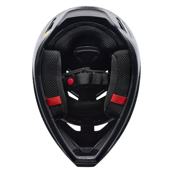 Fox Racing Rampage RS Abyss Helmet (MTB) in Black, underside view of the interior padding and chin opening, with the padded crown liner, cheek pads, chin opening, and retention-strap area exposed. Available options—Color: Black; Size: XS, SM, MD, LG, XL, 2X. SKU 41015-001-2X. UPC 198571106754. - alternate view