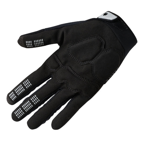Fox Racing Ranger Gel Roughcut Gloves (MTB) in Black, palm-side view, with the perforated palm, silicone finger grips, curved fingertips, and slip-on cuff. Available options—Color: Black, Chalk; Size: SM, MD, LG, XL, 2X. SKU 41032-001-M. UPC 198571107409.
