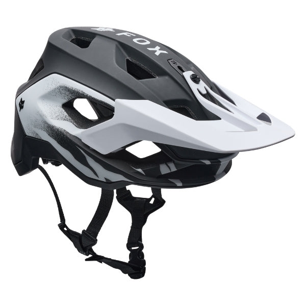 Fox Racing Speedframe Charge Helmet (MTB) (Youth) in Black, left-side profile, with the extended visor, open face port, angular chin bar, side vents, and Fox graphics. Available options—Color: Black, Red, Sky Blue. SKU 42305-001-OS. UPC 198571103067.