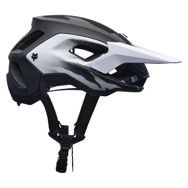 Fox Racing Speedframe Charge Helmet (MTB) (Youth) in Red, left-side profile, with the extended visor, open face port, angular chin bar, side vents, and Fox graphics. Available options—Color: Black, Red, Sky Blue. SKU 42305-003-OS. UPC 198571103081.
