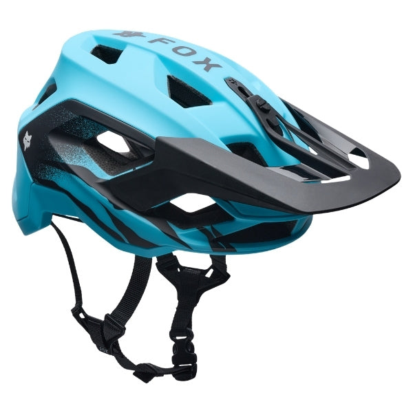 Fox Racing Speedframe Charge Helmet (MTB) (Youth) in Sky Blue, right-side profile, with the extended visor, open face port, angular chin bar, side vents, and Fox graphics. Available options—Color: Black, Red, Sky Blue.