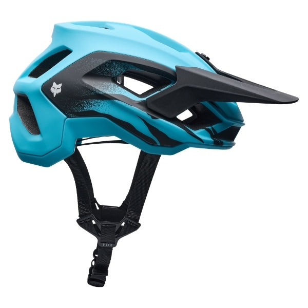 Fox Racing Speedframe Charge Helmet (MTB) (Youth) in Sky Blue, front view, with the visor, wide goggle opening, vented chin bar, and brow vents centered in the frame. Available options—Color: Black, Red, Sky Blue.