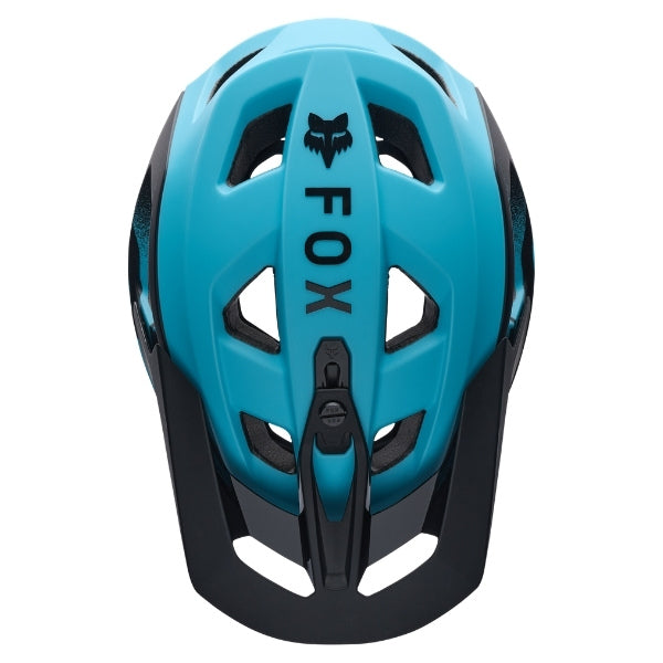 Fox Racing Speedframe Charge Helmet (MTB) (Youth) in Sky Blue, rear view, with the rear shell vents, lower neck opening, molded shell ribs, and Fox lettering. Available options—Color: Black, Red, Sky Blue.