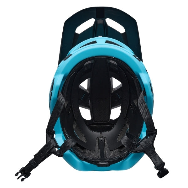 Fox Racing Speedframe Charge Helmet (MTB) (Youth) in Sky Blue, underside view of the interior padding and chin opening, with the padded crown liner, cheek pads, chin opening, and retention-strap area exposed. Available options—Color: Black, Red, Sky Blue.