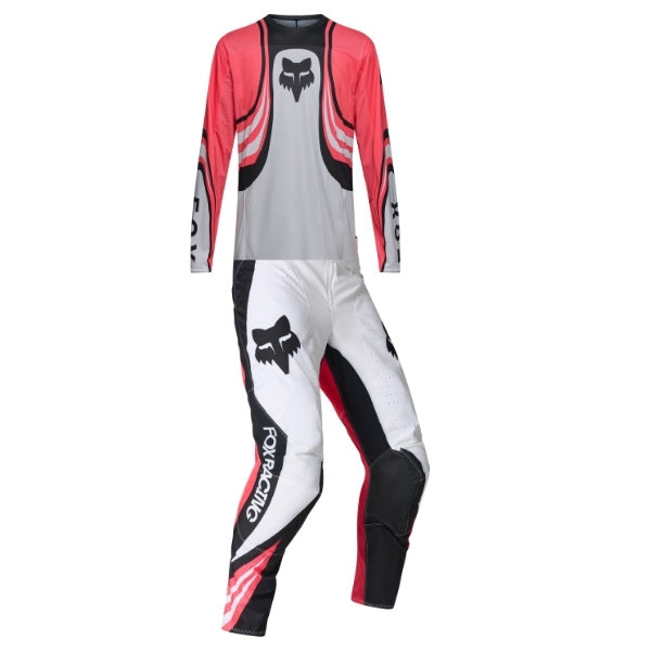 Fox Racing 180 Draft Jersey, Pant Combo in White, studio layout of the jersey and matching riding pants, with the long-sleeve jersey above coordinated pants, matching Fox graphics, articulated knees, and contrasting leg panels. Available options—Color: White, Black, Sunburst.