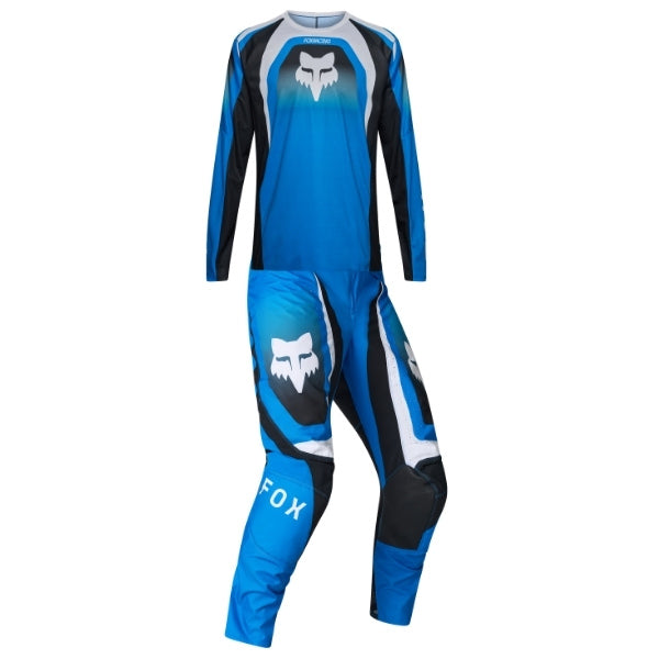 Fox Racing 180 Frame Jersey, Pant Combo in Blue, studio layout of the jersey and matching riding pants, with the long-sleeve jersey above coordinated pants, matching Fox graphics, articulated knees, and contrasting leg panels. Available options—Color: Blue, Grey/Yellow, Black, Red.