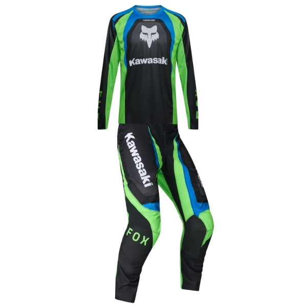 Fox Racing 180 Kawasaki Jersey, Pant Combo in Black, studio layout of the jersey and matching riding pants, with the long-sleeve jersey above coordinated pants, matching Fox graphics, articulated knees, and contrasting leg panels. Available option—Color: Black.