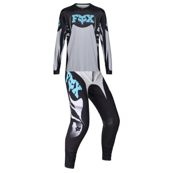 Fox Racing 360 Clutch Jersey, Pant Combo in White/Black, studio layout of the jersey and matching riding pants, with the long-sleeve jersey above coordinated pants, matching Fox graphics, articulated knees, and contrasting leg panels. Available options—Color: White/Black, Neon Pink.