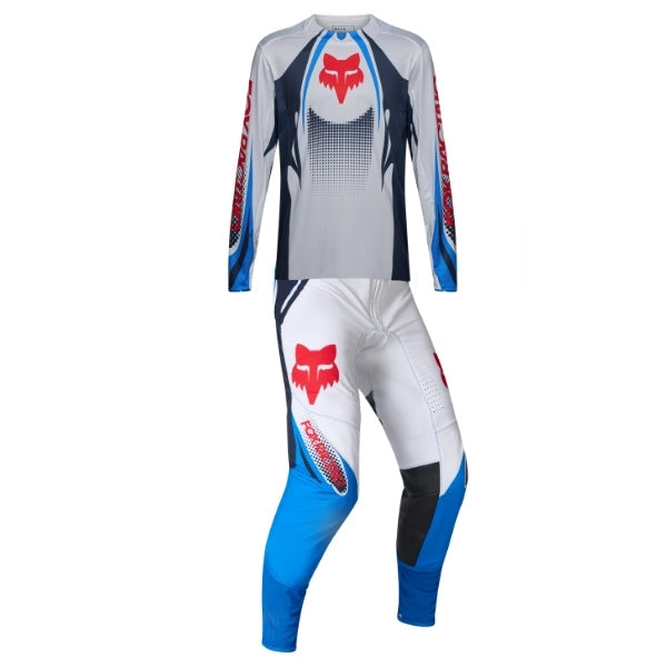 Fox Racing 360 Temper Jersey, Pant Combo in White, studio layout of the jersey and matching riding pants, with the long-sleeve jersey above coordinated pants, matching Fox graphics, articulated knees, and contrasting leg panels. Available options—Color: White, Grape, Yellow.