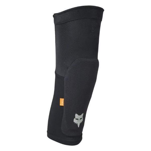 Fox Racing Enduro Knee Sleeve (Youth) in Black, outer side view, with the flexible black sleeve, molded impact pad, mesh ventilation, elastic cuff, and Fox logo. Available options—Color: Black. SKU 38045-001-OS. UPC 198571010853.