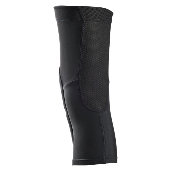 Fox Racing Enduro Knee Sleeve (Youth) in Black, inner side view, with the flexible black sleeve, molded impact pad, mesh ventilation, elastic cuff, and Fox logo. Available options—Color: Black.