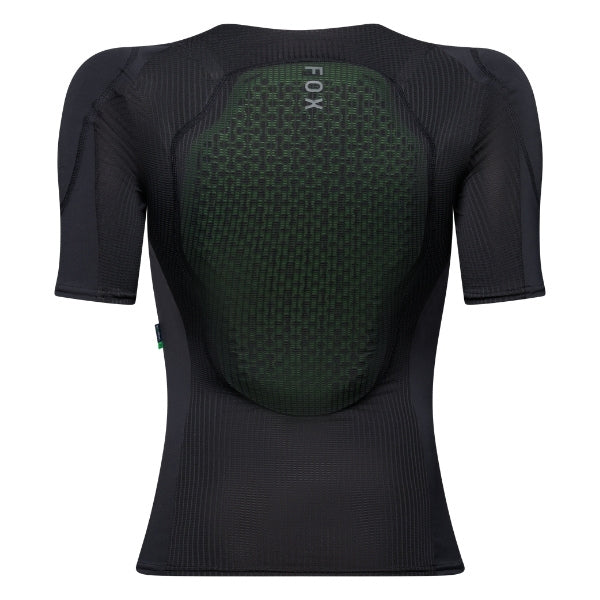 Fox Racing Baseframe Pro Short Sleeve (Womens) in Black, rear product view, with the fitted black mesh body, integrated perforated back-impact panel, shoulder seams, and Fox waist lettering. Available options—Color: Black; Size: SM, MD, LG. SKU 38398-001-M. UPC 198571133415.
