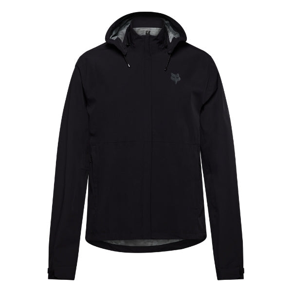 Fox Racing Ranger OR Packable Rain Jacket in Black, front product view, with the high collar or hood, full front zipper, zippered pockets, adjustable cuffs, shaped rear hem, and Fox chest logo. Available options—Color: Black, Ivy; Size: SM, MD, LG, XL, 2X, 3X. SKU 38699-001-S. UPC 198571062944.