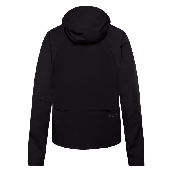 Fox Racing Ranger OR Packable Rain Jacket in Black, rear product view, with the high collar or hood, full front zipper, zippered pockets, adjustable cuffs, shaped rear hem, and Fox chest logo. Available options—Color: Black, Ivy; Size: SM, MD, LG, XL, 2X, 3X. SKU 38699-001-M. UPC 198571062951.