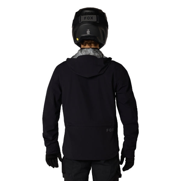 Fox Racing Ranger OR Packable Rain Jacket in Ivy, front product view, with the high collar or hood, full front zipper, zippered pockets, adjustable cuffs, shaped rear hem, and Fox chest logo. Available options—Color: Black, Ivy; Size: SM, MD, LG, XL, 2X, 3X. SKU 38699-304-S. UPC 198571078990.