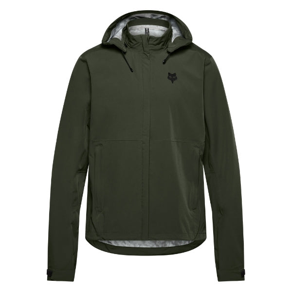 Fox Racing Ranger OR Packable Rain Jacket in Ivy, rear product view, with the high collar or hood, full front zipper, zippered pockets, adjustable cuffs, shaped rear hem, and Fox chest logo. Available options—Color: Black, Ivy; Size: SM, MD, LG, XL, 2X, 3X. SKU 38699-304-M. UPC 198571079003.