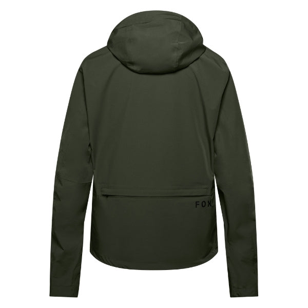 Fox Racing Ranger OR Packable Rain Jacket in Ivy, alternate-color front product view, with the high collar or hood, full front zipper, zippered pockets, adjustable cuffs, shaped rear hem, and Fox chest logo. Available options—Color: Black, Ivy; Size: SM, MD, LG, XL, 2X, 3X. SKU 38699-304-L. UPC 198571079010.