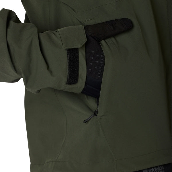 Fox Racing Ranger OR Packable Rain Jacket in Ivy, full modeled rear view, with the high collar or hood, full front zipper, zippered pockets, adjustable cuffs, shaped rear hem, and Fox chest logo. Available options—Color: Black, Ivy; Size: SM, MD, LG, XL, 2X, 3X. SKU 38699-304-2X. UPC 198571079034.