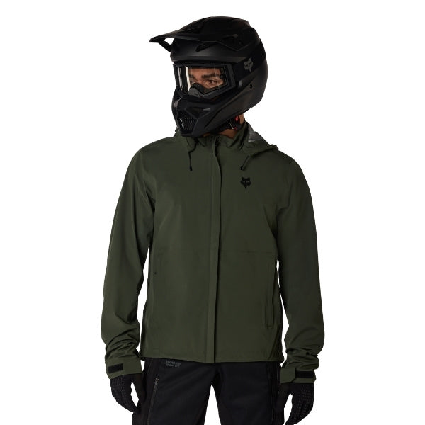 Fox Racing Ranger OR Packable Rain Jacket in Ivy, close-up of the shoulder logo, with the high collar or hood, full front zipper, zippered pockets, adjustable cuffs, shaped rear hem, and Fox chest logo. Available options—Color: Black, Ivy; Size: SM, MD, LG, XL, 2X, 3X. SKU 38699-304-3X. UPC 198571079041.