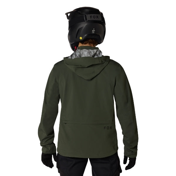 Fox Racing Ranger OR Packable Rain Jacket in Ivy, close-up of the branded fabric panel, with the high collar or hood, full front zipper, zippered pockets, adjustable cuffs, shaped rear hem, and Fox chest logo. Available options—Color: Black, Ivy; Size: SM, MD, LG, XL, 2X, 3X.