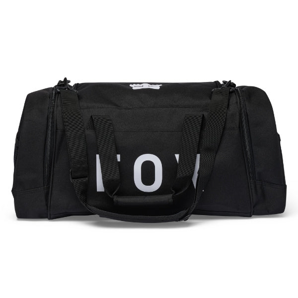 Fox Racing 180 Duffle in Vivid Green, long-side view, with the main zippered compartment, reinforced base, carry handles, end pocket, wheels, and large Fox logo. Available options—Color: Black, Vivid Green, Orange. SKU 39035-323-OS. UPC 198571131985.